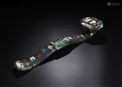 CHINESE GEM STONE INLAID SPINACH JADE RUYI SCEPTER