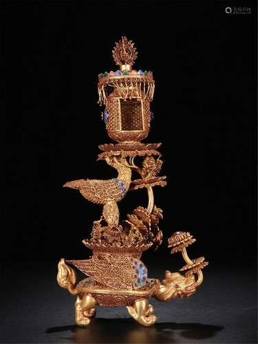 CHINESE GILT SILVER LAMP ON CRANE AND TURTLE STAND