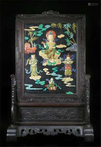 CHINESE GEM STONE INLAID GUANYIN PLAQUE ROSEWOOD ZITAN