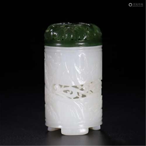 CHINESE WHITE JADE INCENSE CAGE WITH SPINACH JADE