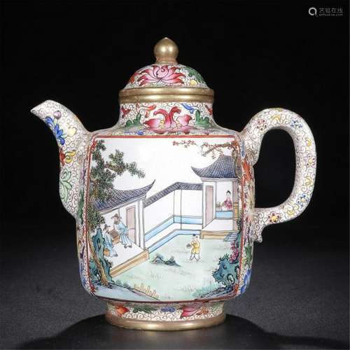 CHINESE ENAMEL YIXING ZISHA CLAY MEN IN GARDEN TEA POT