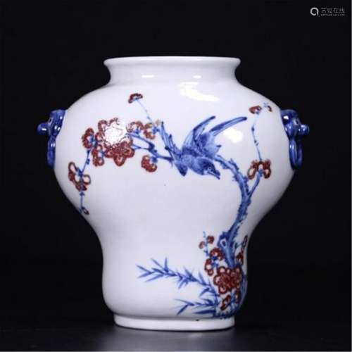 CHINESE PORCELAIN BLUE AND WHITE RED UNDER GLAZE FLOWER