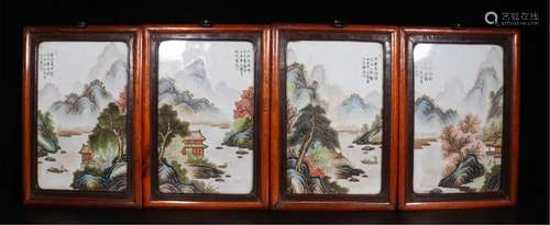 FOUR CHINESE PORCELAIN FAMILLE ROSE MOUNTAIN VIEWS