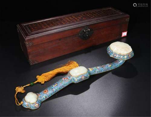 CHINESE WHITE JADE PLAQUE INLAID CLOISONNE RUYI SCEPTER