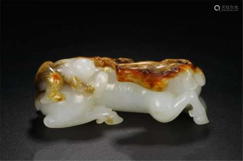 CHINESE NEPHRITE JADE BOY AND DEER TABLE ITEM