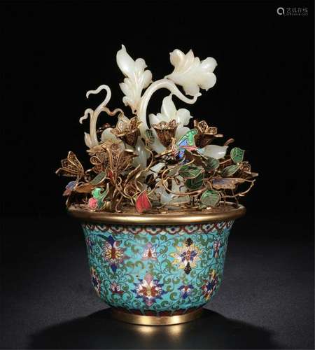 PAIR OF CHINESE WHITE JADE GILT SILVER ENAMEL BENSAI IN