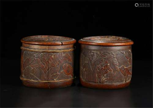 PAIR OF CHINESE BAMBOO CRAVED GO CHESS CASES