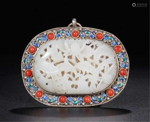 CHINESE WHITE JADE PLAQUE INLAID SILVER ENAMEL PLAQUE