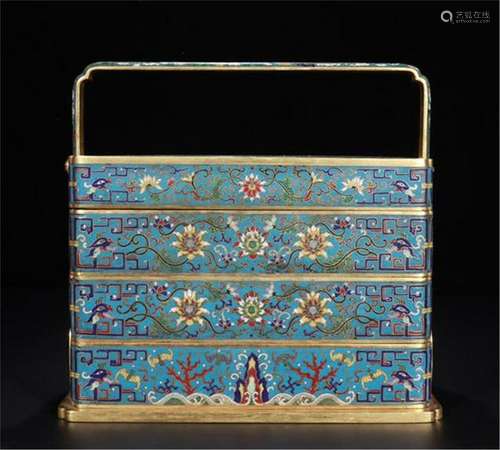 CHINESE CLOISONNE LAYERED FLOWER HANDLE FOOD CONTAINER