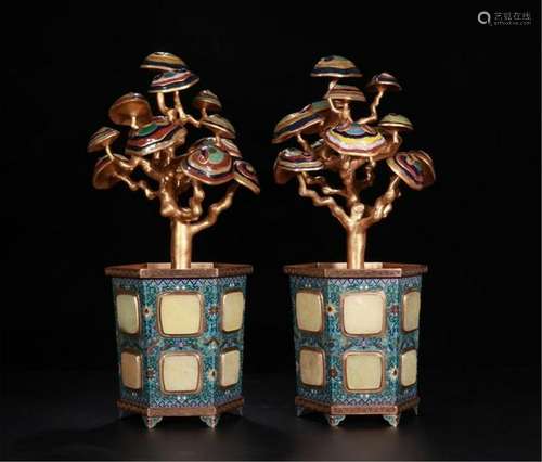 PAIR OF CHINESE GEM STONE INLAID GILT BRONZE BENSAI IN