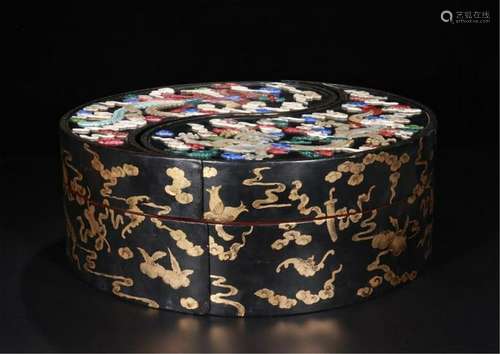 CHINESE GEM STONE INLAID LACQUE DRAGON LIDDED BOX