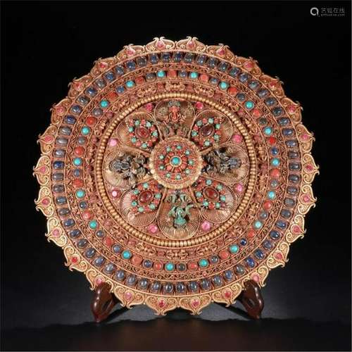 TIBETAN GEM STONE INLAID GILT BRONZE ROUND PLAQUE