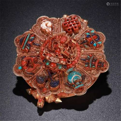 TIBETAN GEM STONE INLAID GILT SILVER BOX