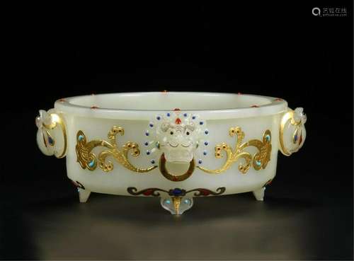 CHINESE GEM STONE GOLD INLAID WHITE JADE ROUND CENSER