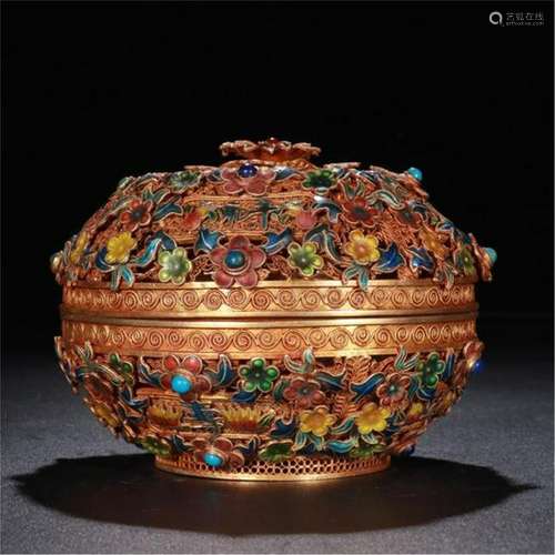 CHINESE GEM STONE INLAID GILT SILVER LIDDED BOX