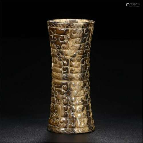 CHINESE ANCIENT JADE CONG SQUARE VASE