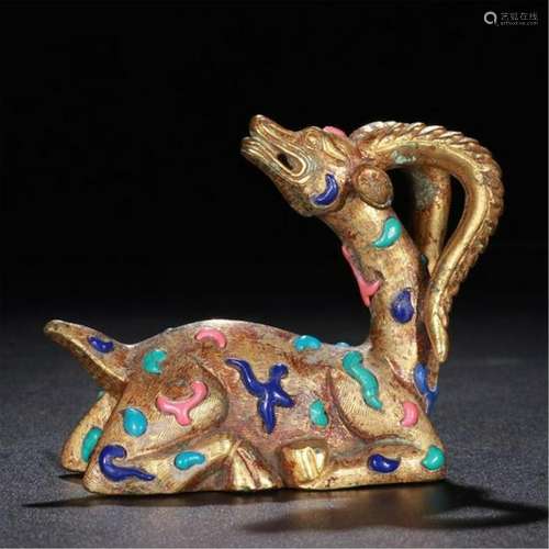 CHINESE GEM STONE INLAID GILT SILVER RAM TABLE ITEM