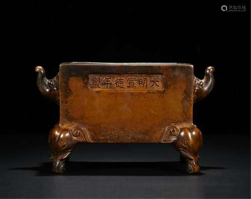 CHINESE BRONZE ELEPHANT TRUNK FEET SQUARE CENSER