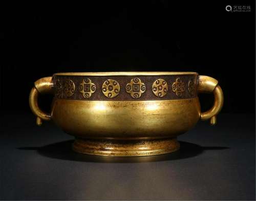 CHINESE GILT BRONZE CIRCLE HANDLE ROUND CENSER