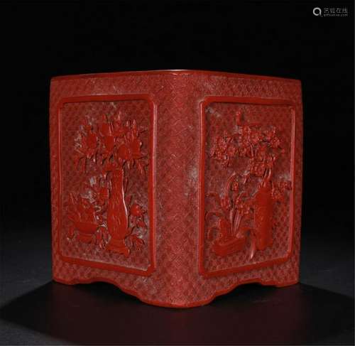 CHINESE CINNABAR FLOWER SQUARE BRUSH POT