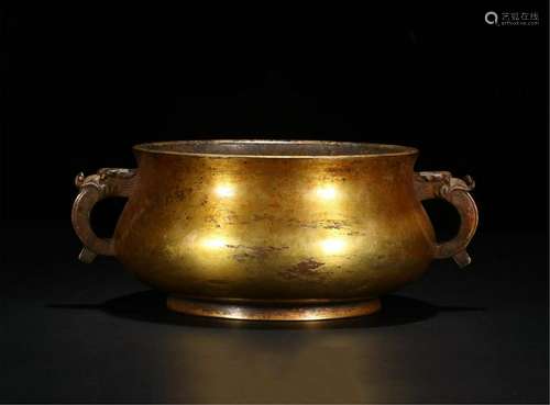 CHINESE GILT BRONZE DRAGON HANDLE ROUND CENSER