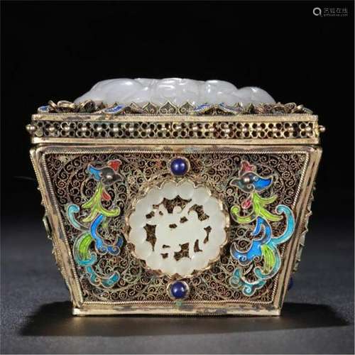 CHINESE WHITE JADE PLAQUE INLAID SILVER ENAMEL SQUARE