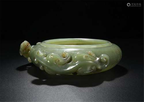 CHINESE CELADON JADE POEM BEAST HANDLE BRUSH WASHER