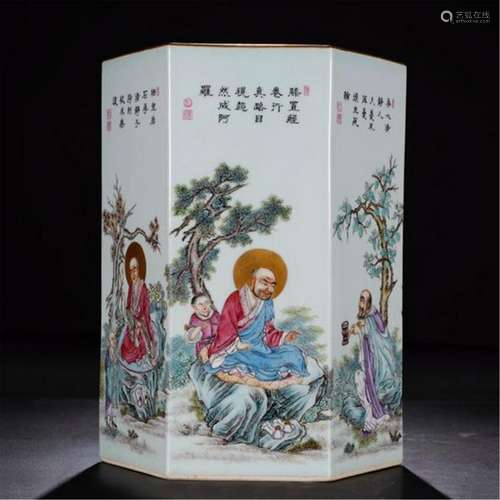 CHINESE PORCELAIN FAMILLE ROSE SEATED LOHAN HAXAGONAL