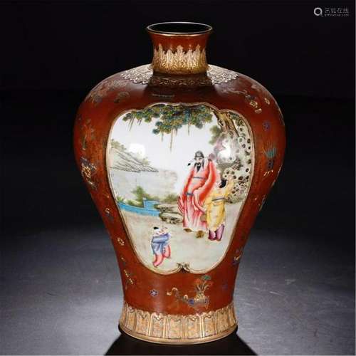 CHINESE PORCELAIN RED GROUND FAMILLE ROSE MAN IN GARDEN