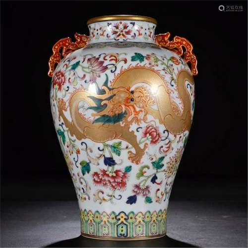 CHINESE PORCELAIN FAMILLE ROSE DRAGON MEIPING VASE