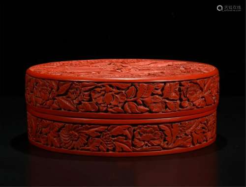 CHINESE CINNABAR MEN IN MOUNTAIN ROUND BOX