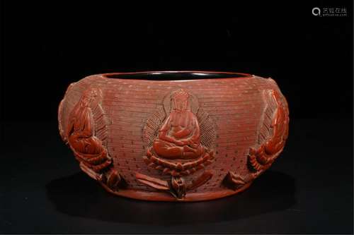 CHINESE CINNABAR SEATED BUDDHA WATER BOWL