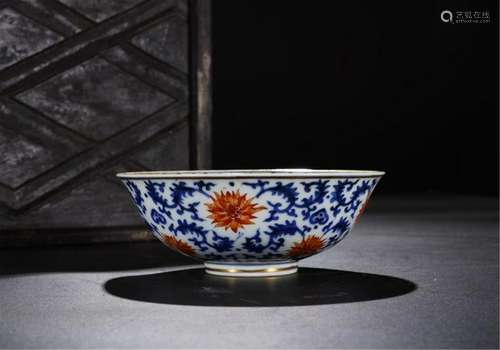 CHINESE PORCELAIN BLUE AND WHITE IRON RED FLOWER BOWL