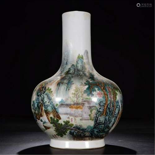 CHINESE PORCELAIN FAMILLE ROSE MOUNTAIN VIEWS VASE