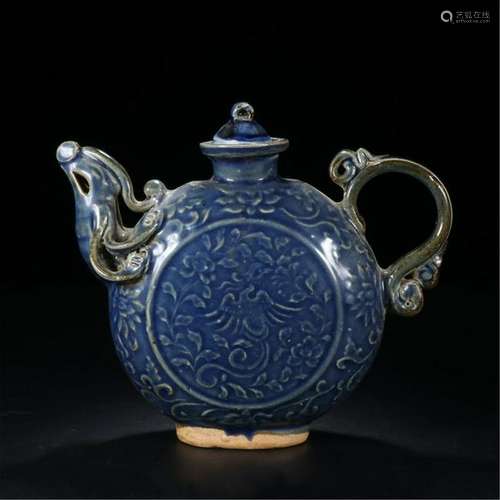 CHINESE PORCELAIN BLUE GLAZE FLATTEN TEA POT