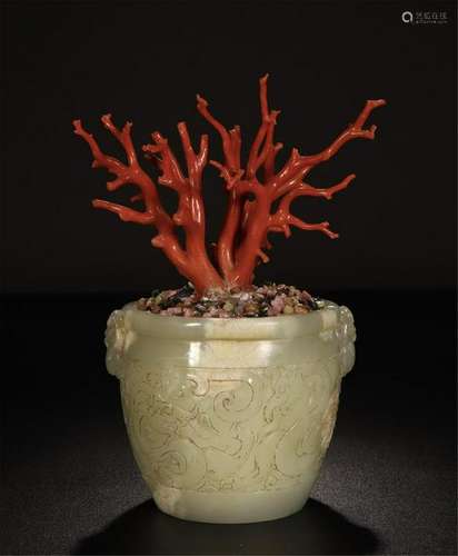 CHINESE CORAL BENSAI IN CELADON JADE BASIN