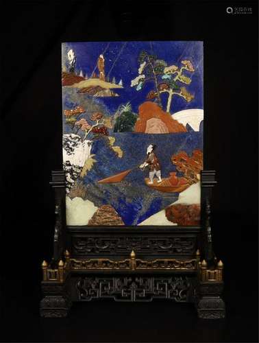 CHINESE GEM STONE INLAID LAPIS PLAQUE ROSEWOOD TABLE