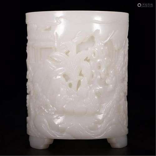 CHINESE WHITE JADE FLOWER BRUSH POT