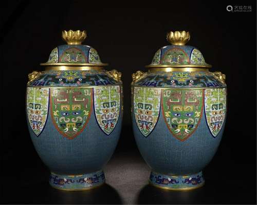 PAIR OF CHINESE CLOISONNE LIDDED JARS