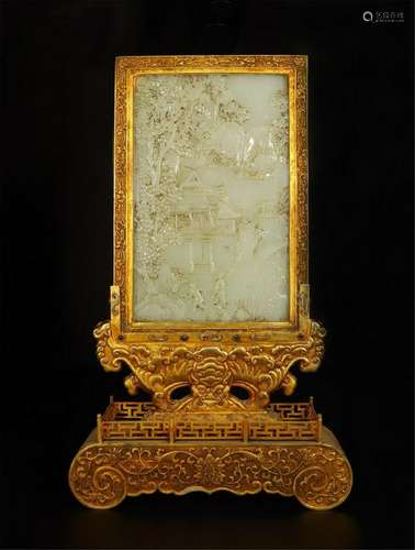 CHINESE WHIITE JADE PLAQUE GILT SILVER TABLE SCREEN