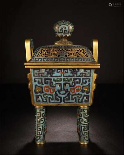 CHINESE CLOISONNE BEAST FACE FOUR FEET LIDDED SQUARE