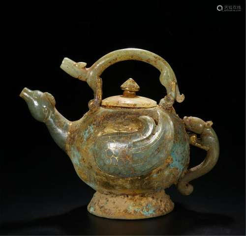 CHINESE ANCIENT JADE HANDLED TEA POT