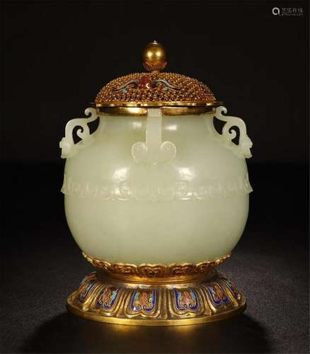 CHINESE PURE GOLD ENAMEL LIDDED CELADON JADE CENSER ON