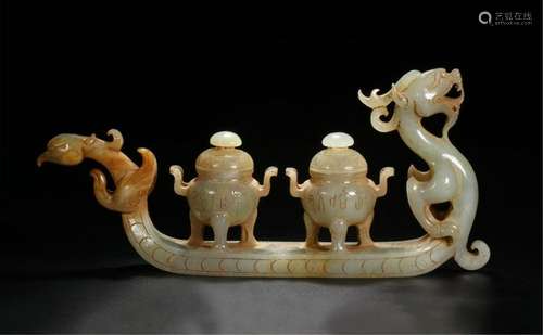 CHINESE ANCIENT JADE DING CENSER ON DRAGON BOAT TABLE