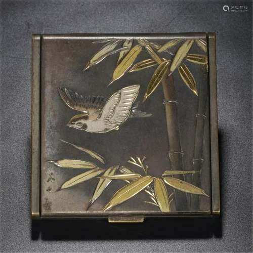 CHINESE GILT SILVER BIRD AND BAMBOO SQUARE BOX