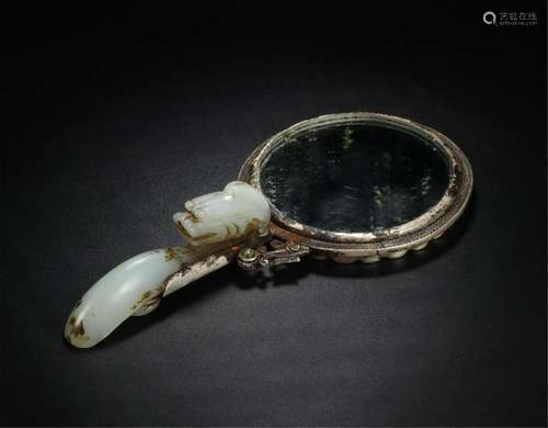 CHINESE ANCIENT JADE DRAGON BELT HOOK HAND MIRROR