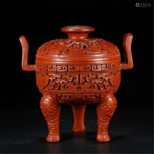 CHINESE CINNABAR TRIPLE FEET LIDDED CENSER