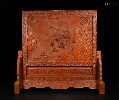 CHINESE CINNABAR FIGURE AND STORY TABLE SCREEN