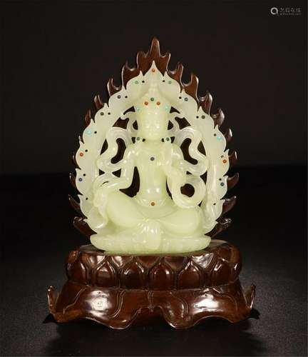 CHINESE WHITE JADE SEATED GUANYIN ON ROSEWOOD NICHE