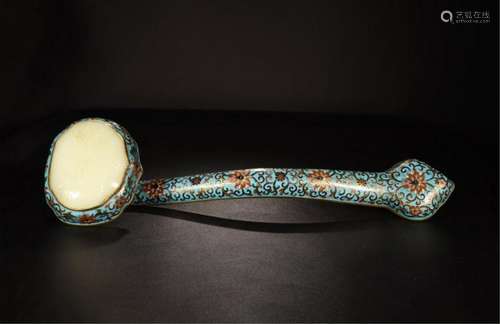 CHINESE WHITE JADE PLAQUE INLAID CLOISONNE RUYI SCEPTER